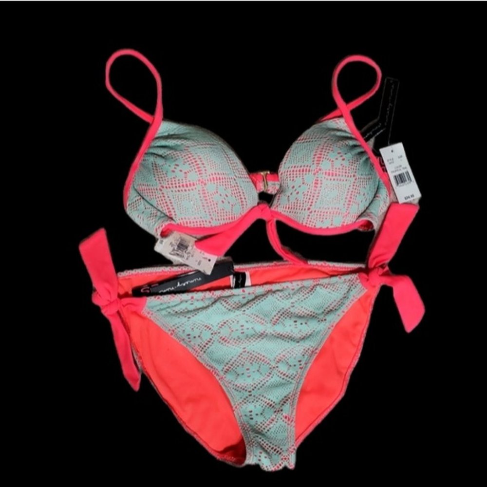 NWT RARE NINETY-NINE DEGREES CROCHET LACE BIKINI SET SZ L TEAL & NEON PINK - Picture 2 of 11